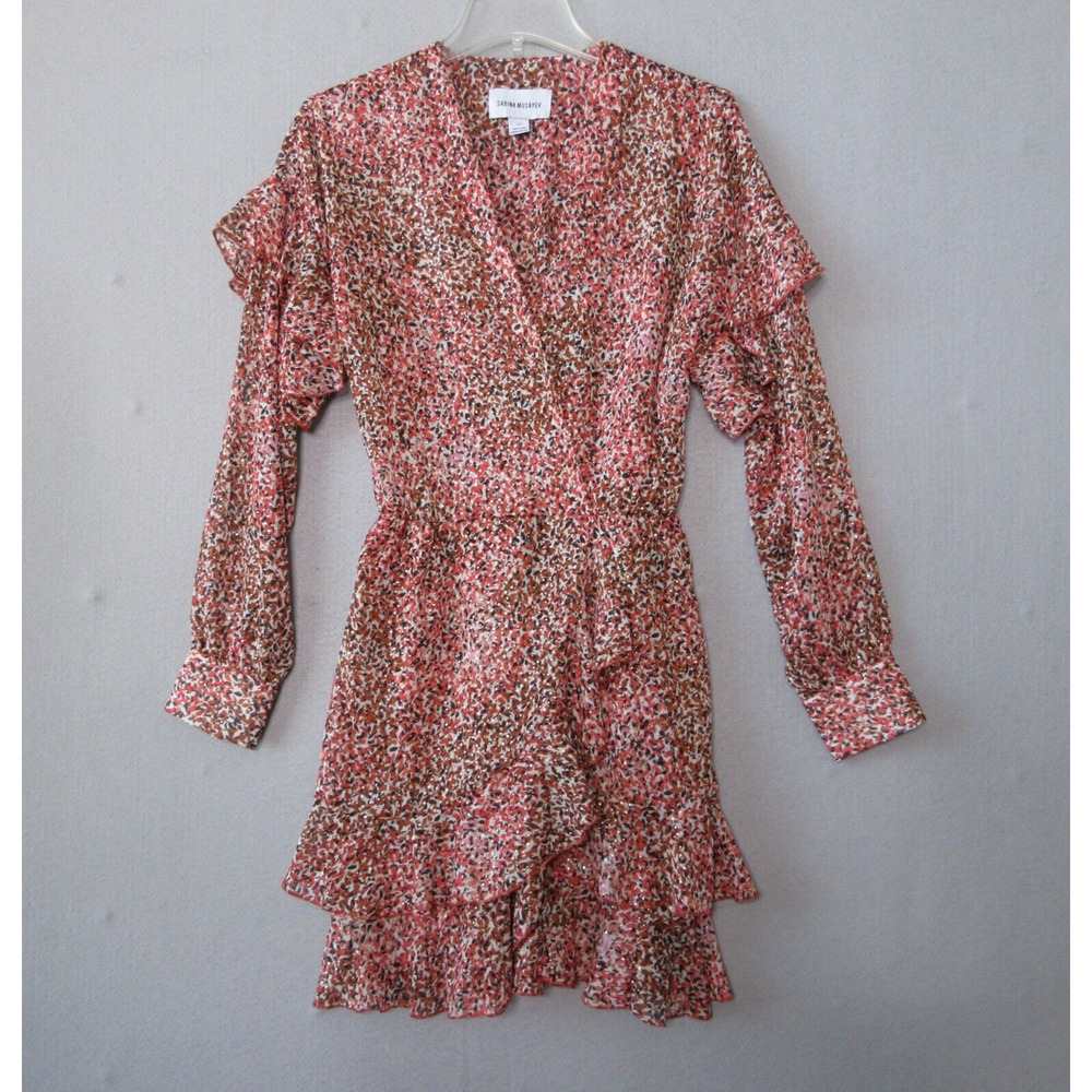Sabina Musayev Pink and Brown Floral Ruffled Wrap Dress